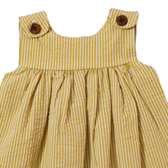 Snowflakes Girls Sleeveless Striped Frock- White & Mustard