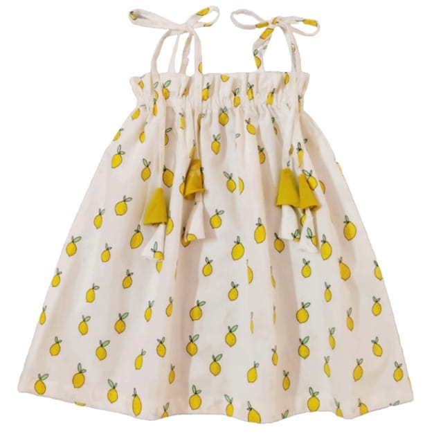 Snowflakes Girls Tying Style Frock With Lemon Prints- White