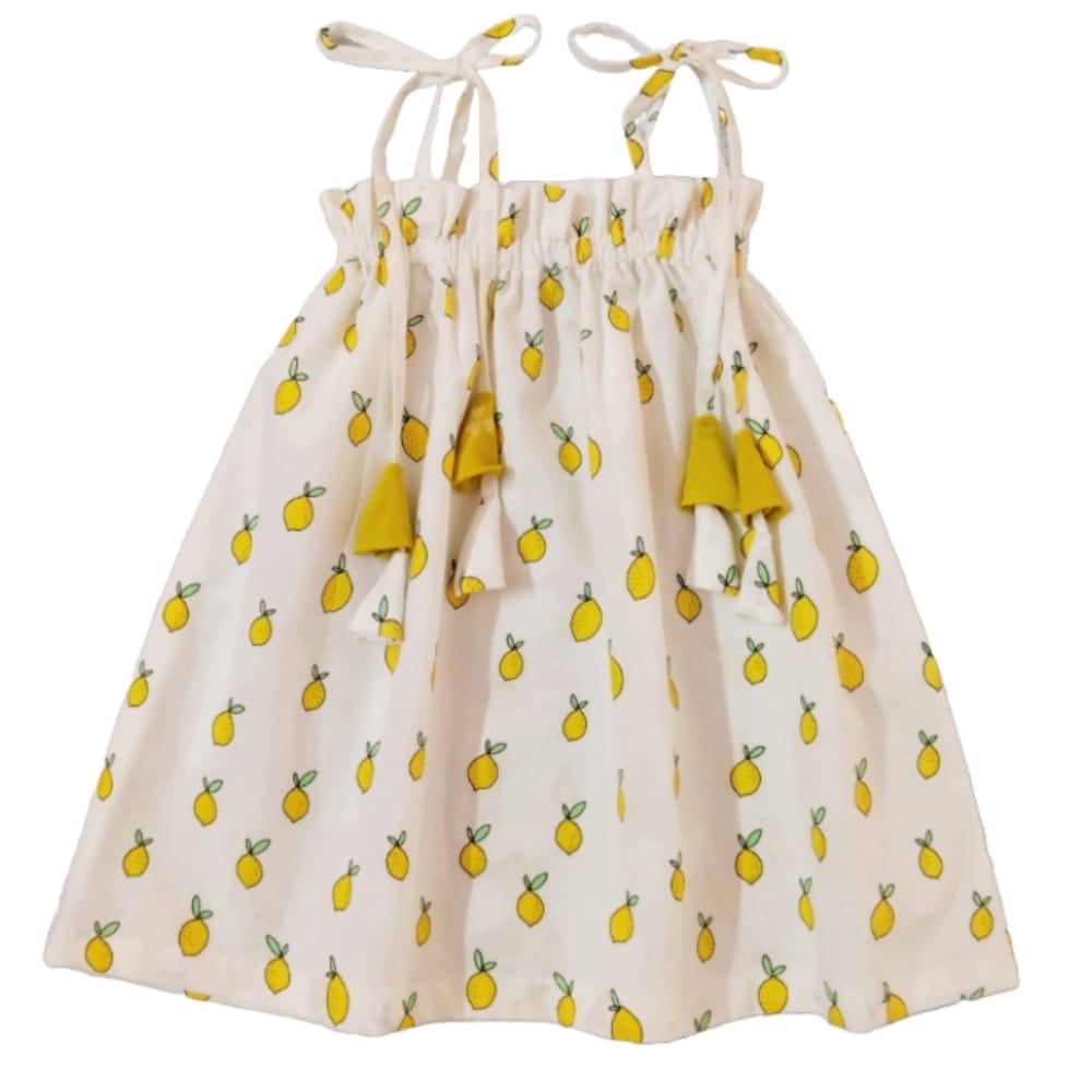 Snowflakes Girls Tying Style Frock With Lemon Prints- White