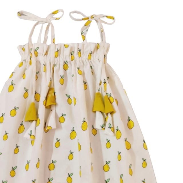 Snowflakes Girls Tying Style Frock With Lemon Prints- White