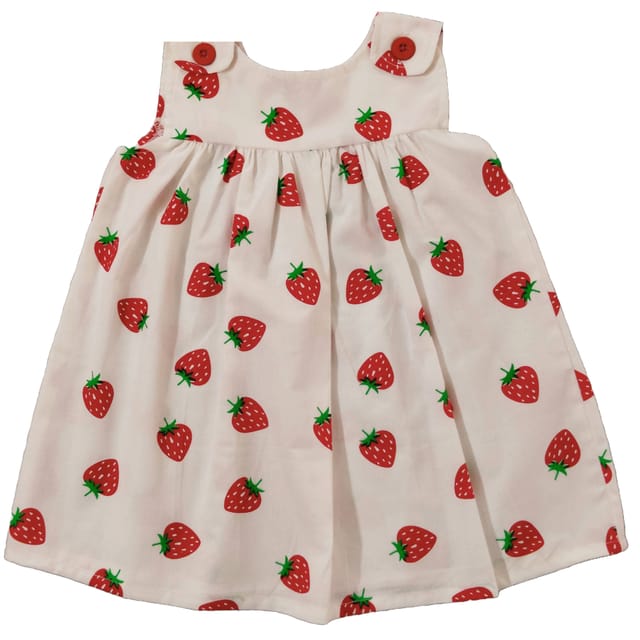 Snowflakes Girls Frock With  Strawberry Prints- White