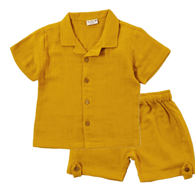 Snowflakes Unisex Cotton, Double Muslin Co-Ord Set - Mustard Yellow