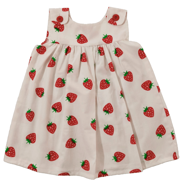 Snowflakes Girls Frock With  Strawberry Prints- White