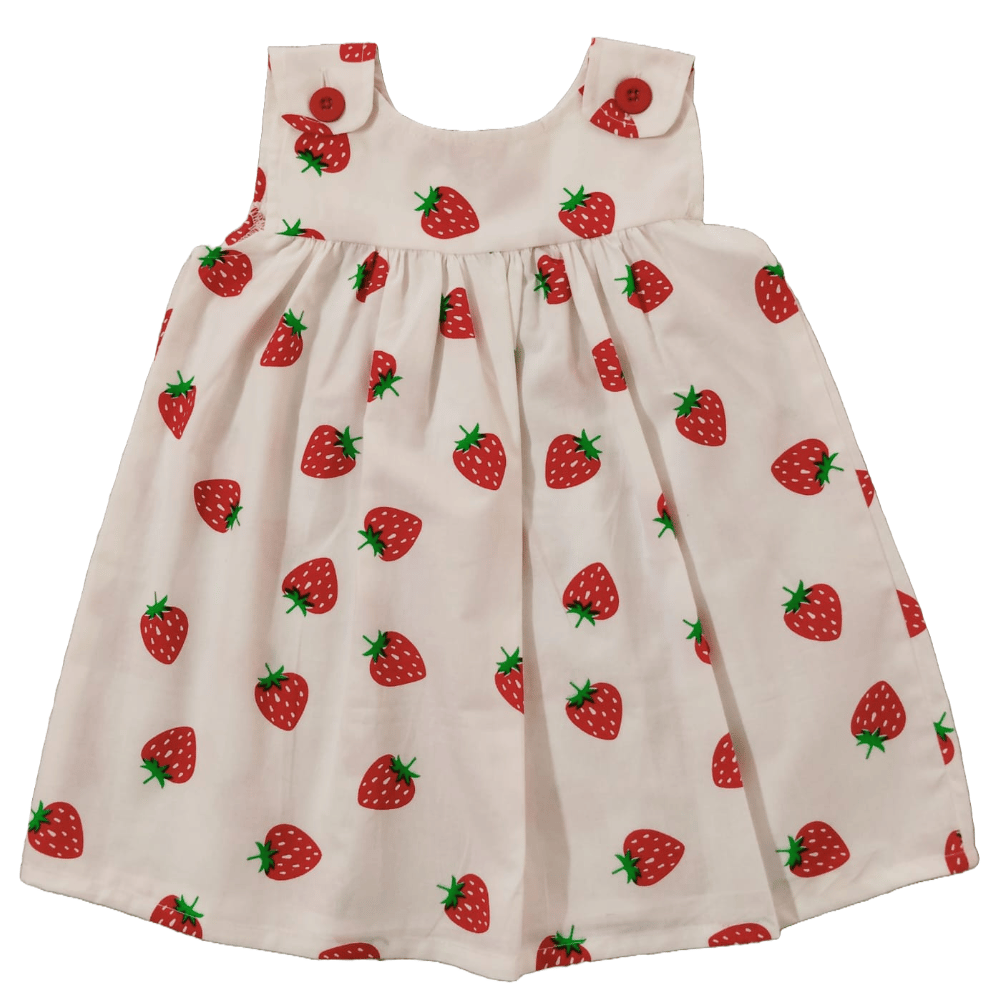 Snowflakes Girls Frock With  Strawberry Prints- White
