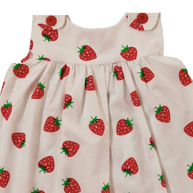 Snowflakes Girls Frock With  Strawberry Prints- White