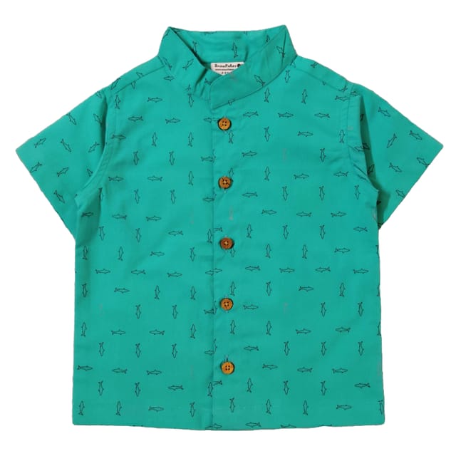 Snowflakes Boys Half Sleeve Cotton Shirt With Fish  Prints - Blue