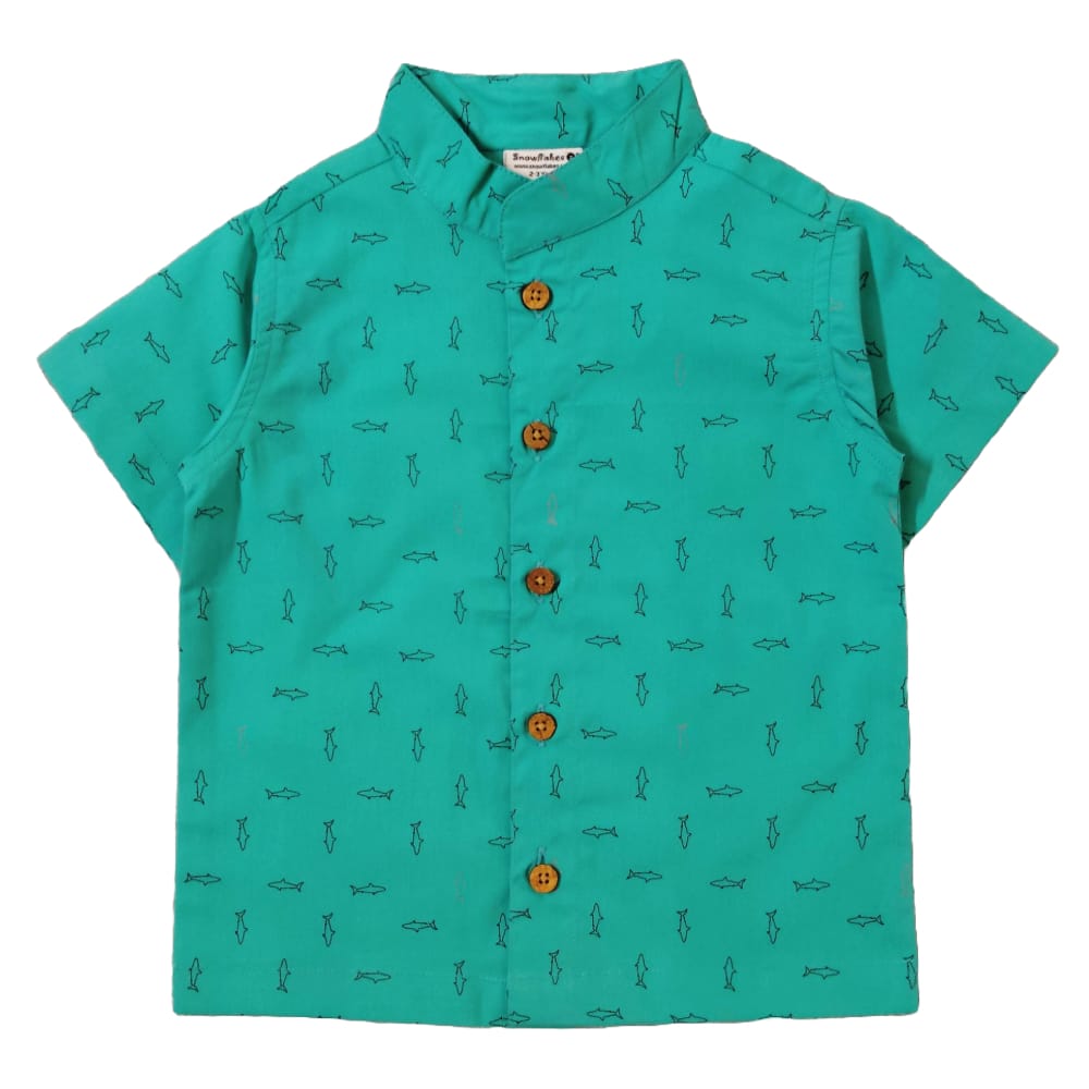 Snowflakes Boys Half Sleeve Cotton Shirt With Fish  Prints - Blue
