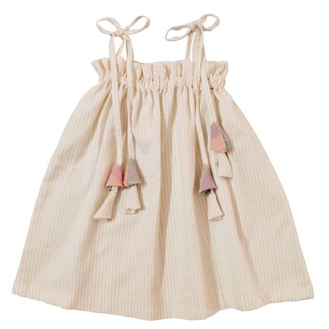 Snowflakes Girls Tying Style Frock With Stripes - Off White
