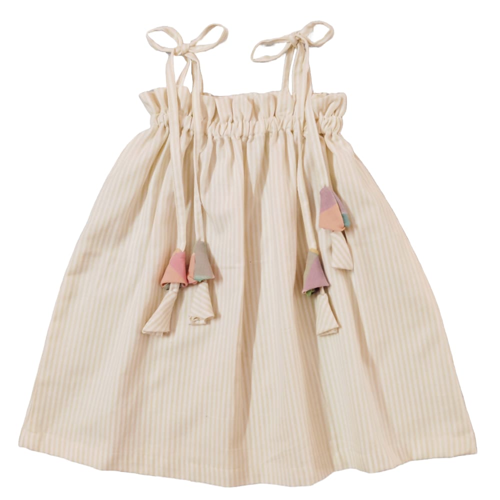 Snowflakes Girls Tying Style Frock With Stripes - Off White