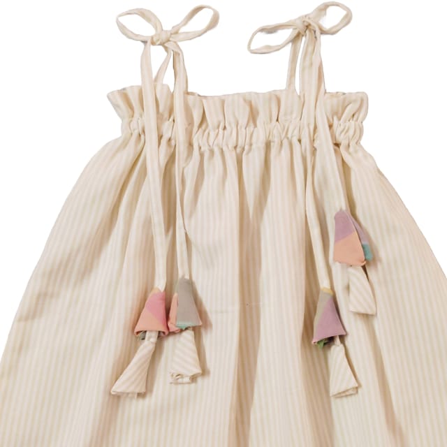 Snowflakes Girls Tying Style Frock With Stripes - Off White
