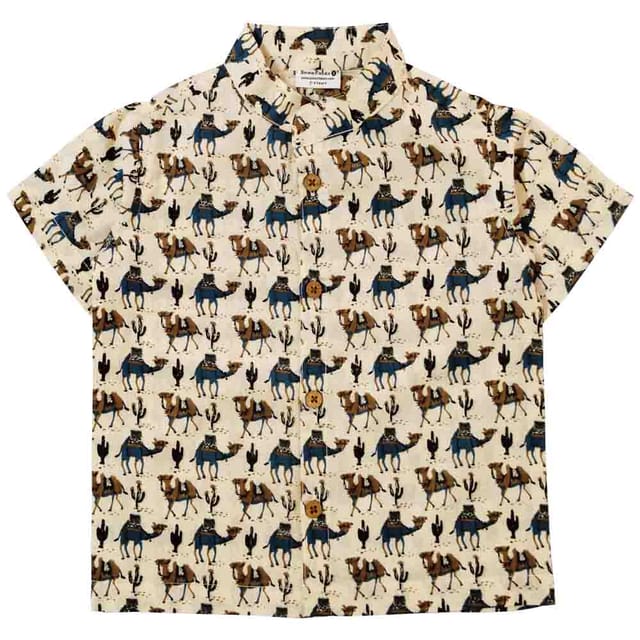 Snowflakes Boys Half Sleeve Cotton Shirt With Camel Prints - Off White