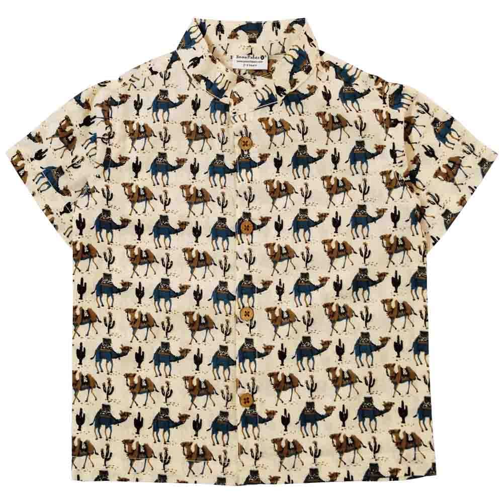 Snowflakes Boys Half Sleeve Cotton Shirt With Camel Prints - Off White