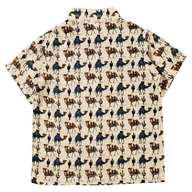 Snowflakes Boys Half Sleeve Cotton Shirt With Camel Prints - Off White
