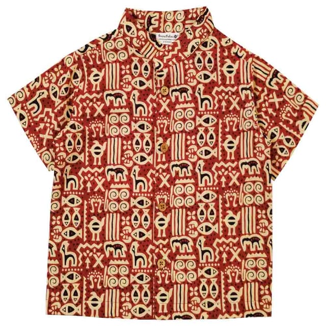 Snowflakes Boys Half Sleeve Cotton Shirt With kalamkari print   - Maroon