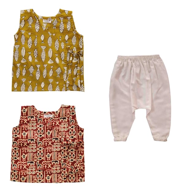 Snowflakes Unisex Infant Jabla Tops With Harem Pant Set Combo - Maroon, Yellow & White