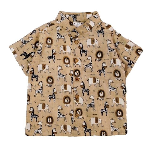 Snowflakes Boys Half Sleeve Cotton Shirt With Animal Prints - Light Brown