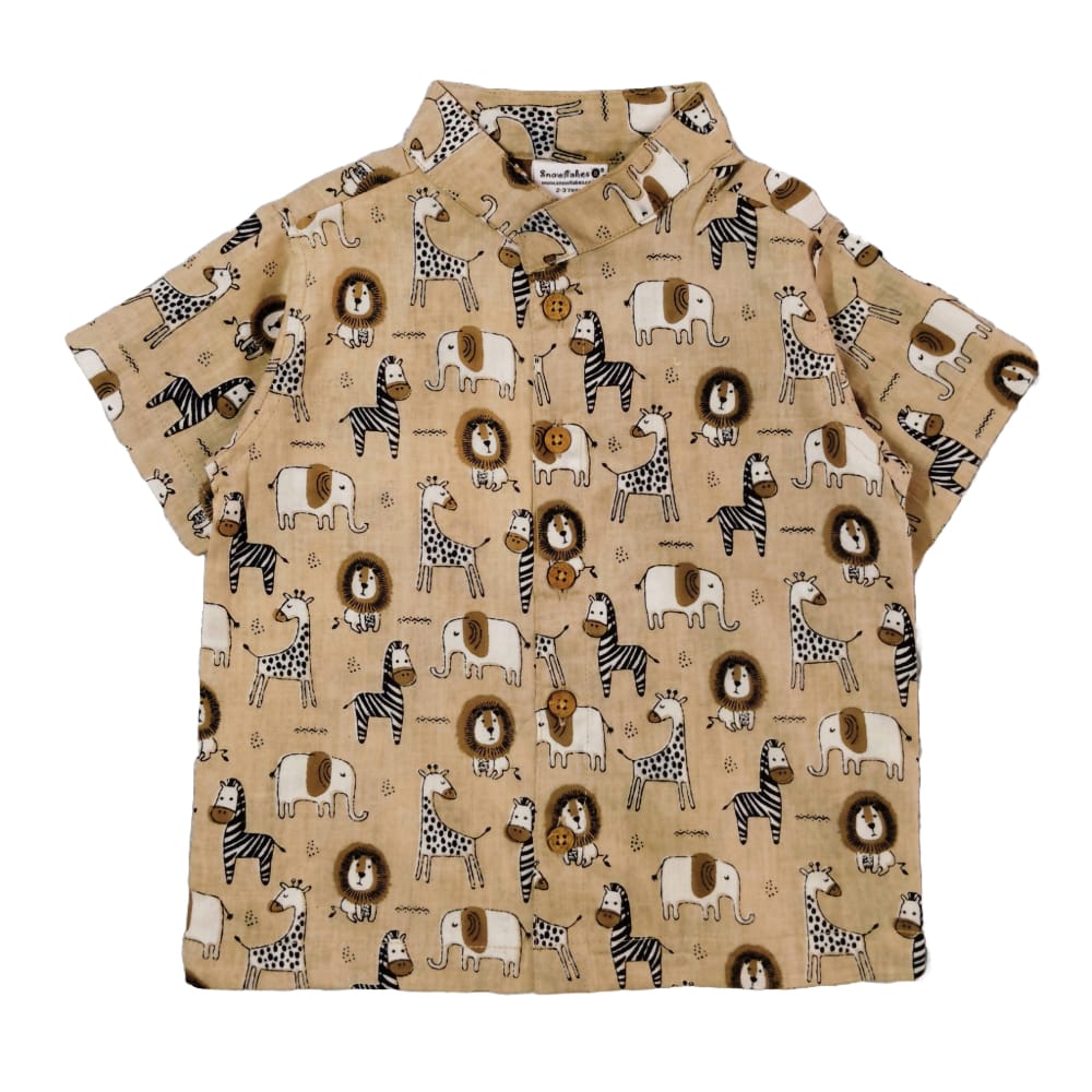 Snowflakes Boys Half Sleeve Cotton Shirt With Animal Prints - Light Brown