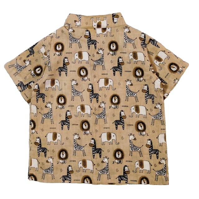 Snowflakes Boys Half Sleeve Cotton Shirt With Animal Prints - Light Brown