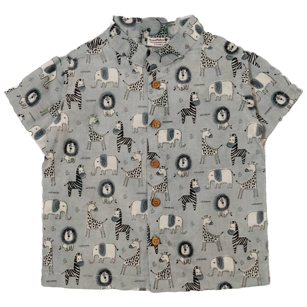 Snowflakes Boys Half Sleeve Cotton Shirt With Animal Prints - Grey