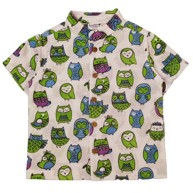 Snowflakes Boys Half Sleeve Cotton Shirt With Birds Prints - White