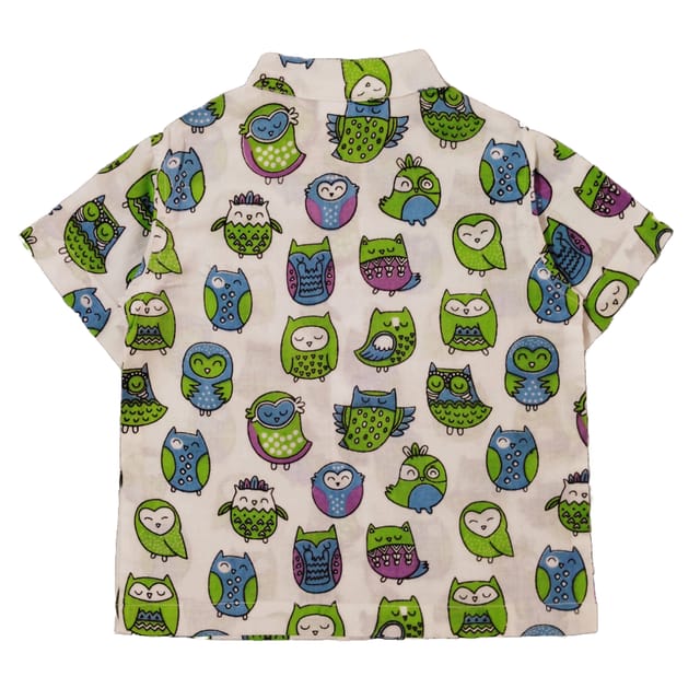Snowflakes Boys Half Sleeve Cotton Shirt With Birds Prints - White