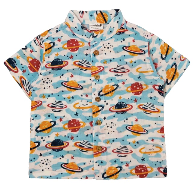 Snowflakes Boys Half Sleeve Cotton Shirt With Space Prints - White