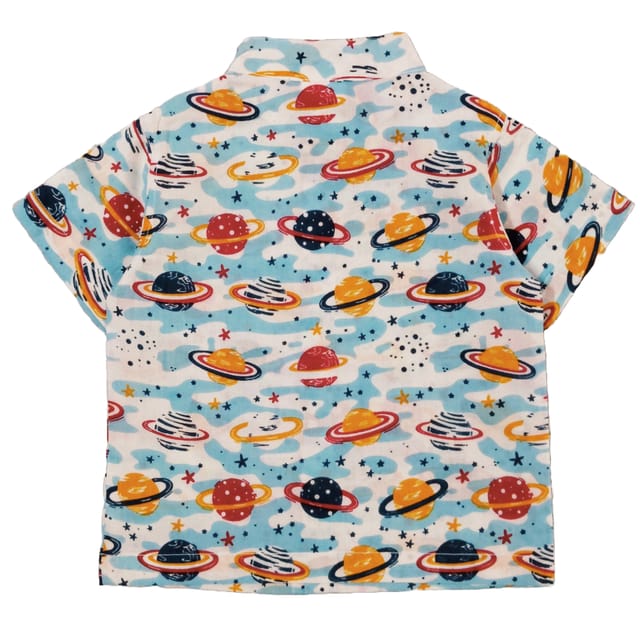 Snowflakes Boys Half Sleeve Cotton Shirt With Space Prints - White