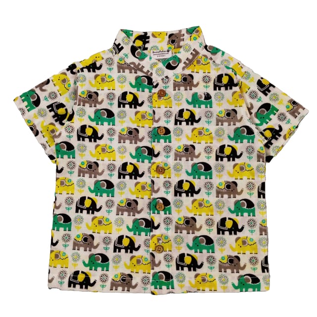 Snowflakes Boys Half Sleeve Cotton Shirt With Elephant Prints - White