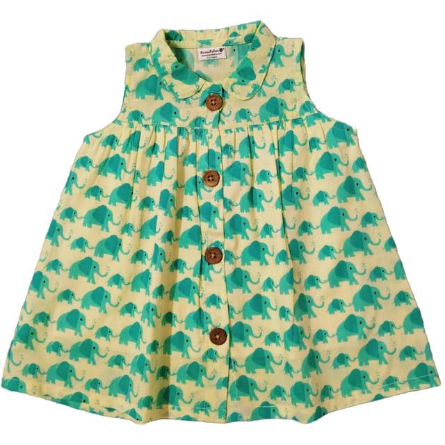 Snowflakes Girls Frock With Blue Elephants Prints- Cream