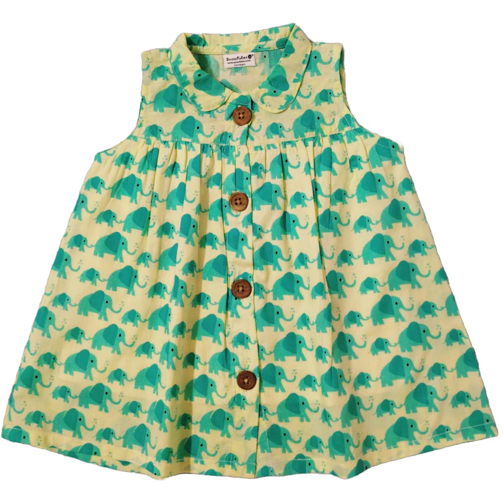 Snowflakes Girls Frock With Blue Elephants Prints- Cream