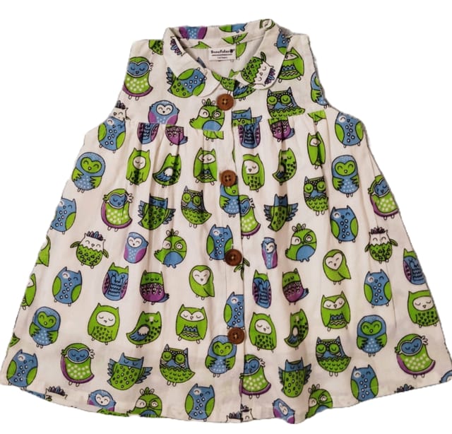 Snowflakes Girls Frock With Owl Print - White