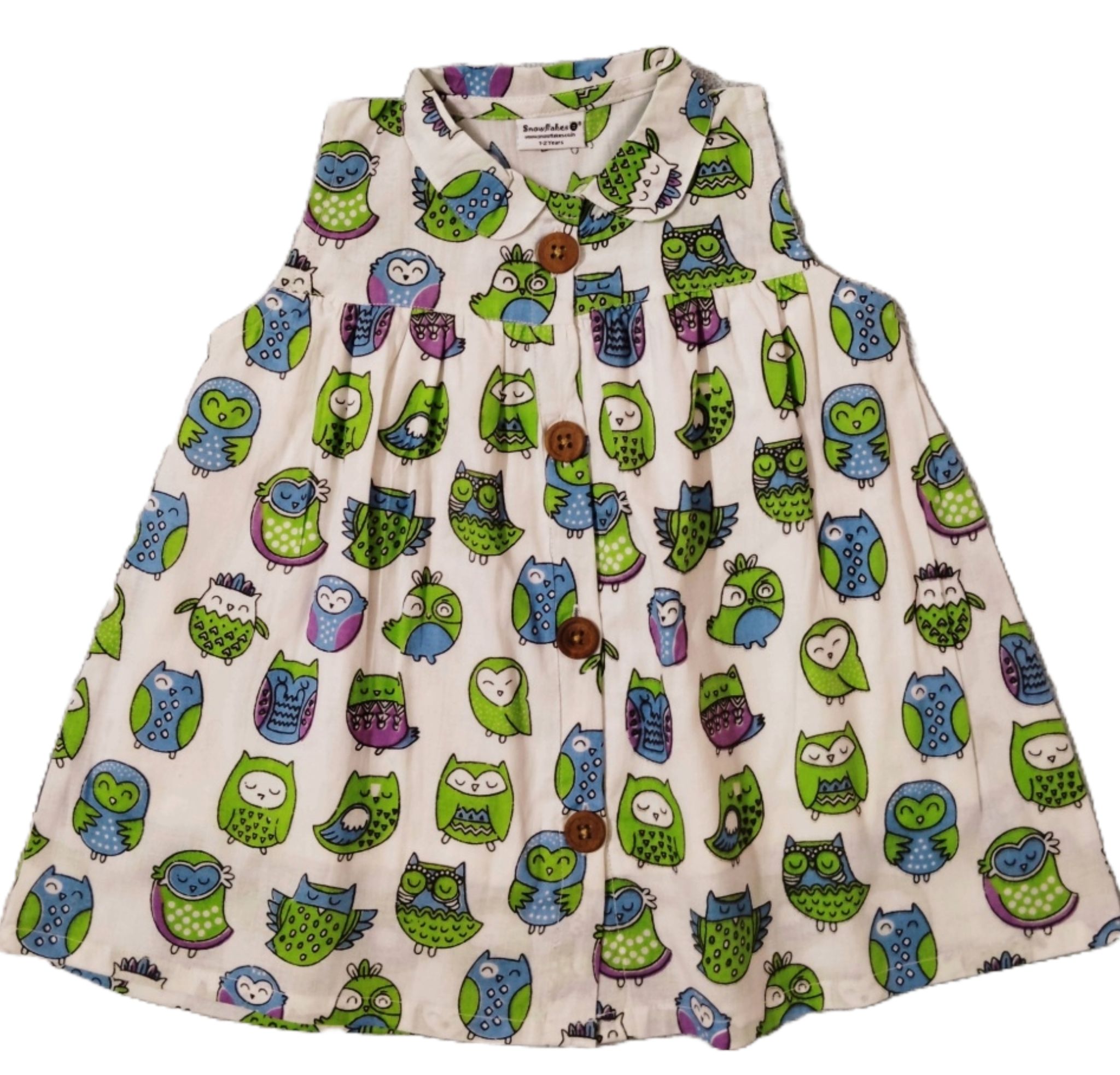 Snowflakes Girls Frock With Owl Print - White