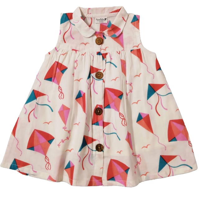 Snowflakes Girls Frock With Kite Print - White