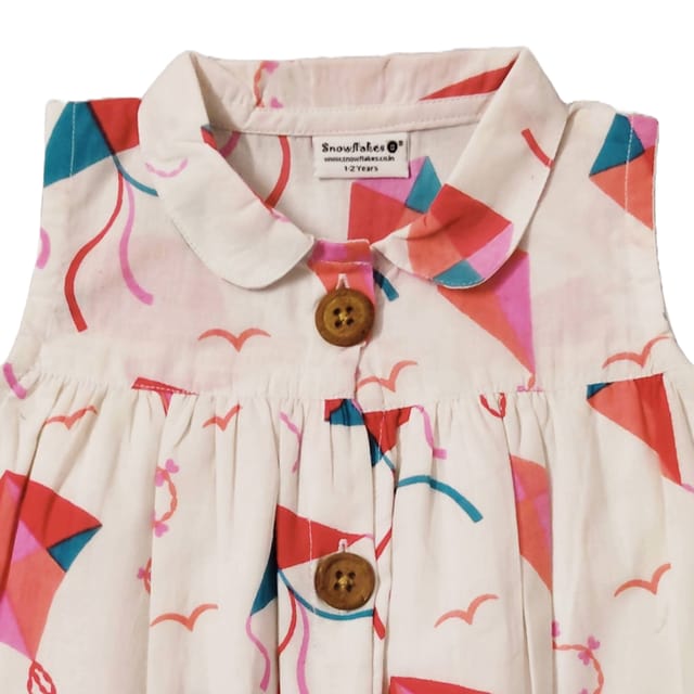 Snowflakes Girls Frock With Kite Print - White