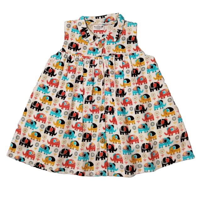 Snowflakes Girls Frock With Elephants Prints- White