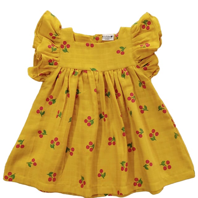 Snowflakes Girls Tying Style Frock With Cherry Prints- Yellow