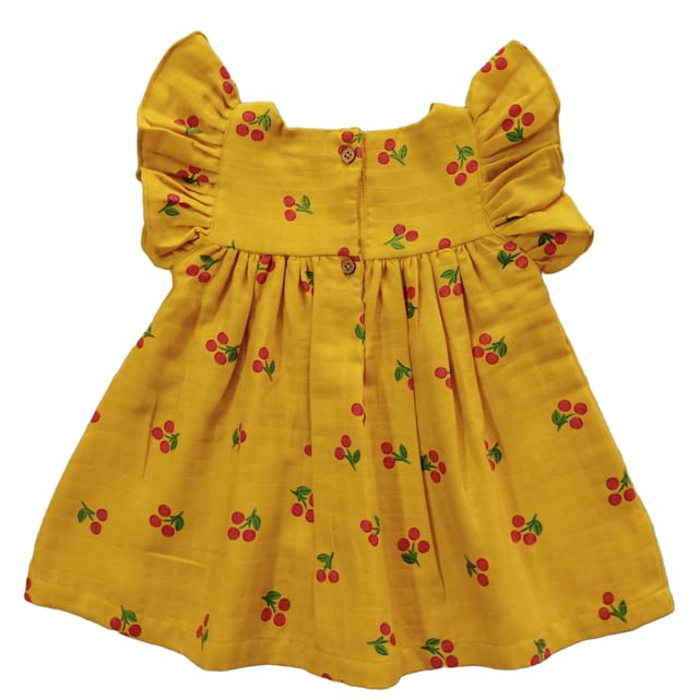 Snowflakes Girls Tying Style Frock With Cherry Prints- Yellow