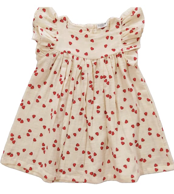 Snowflakes Girls Tying Style Frock With Heart Prints- White