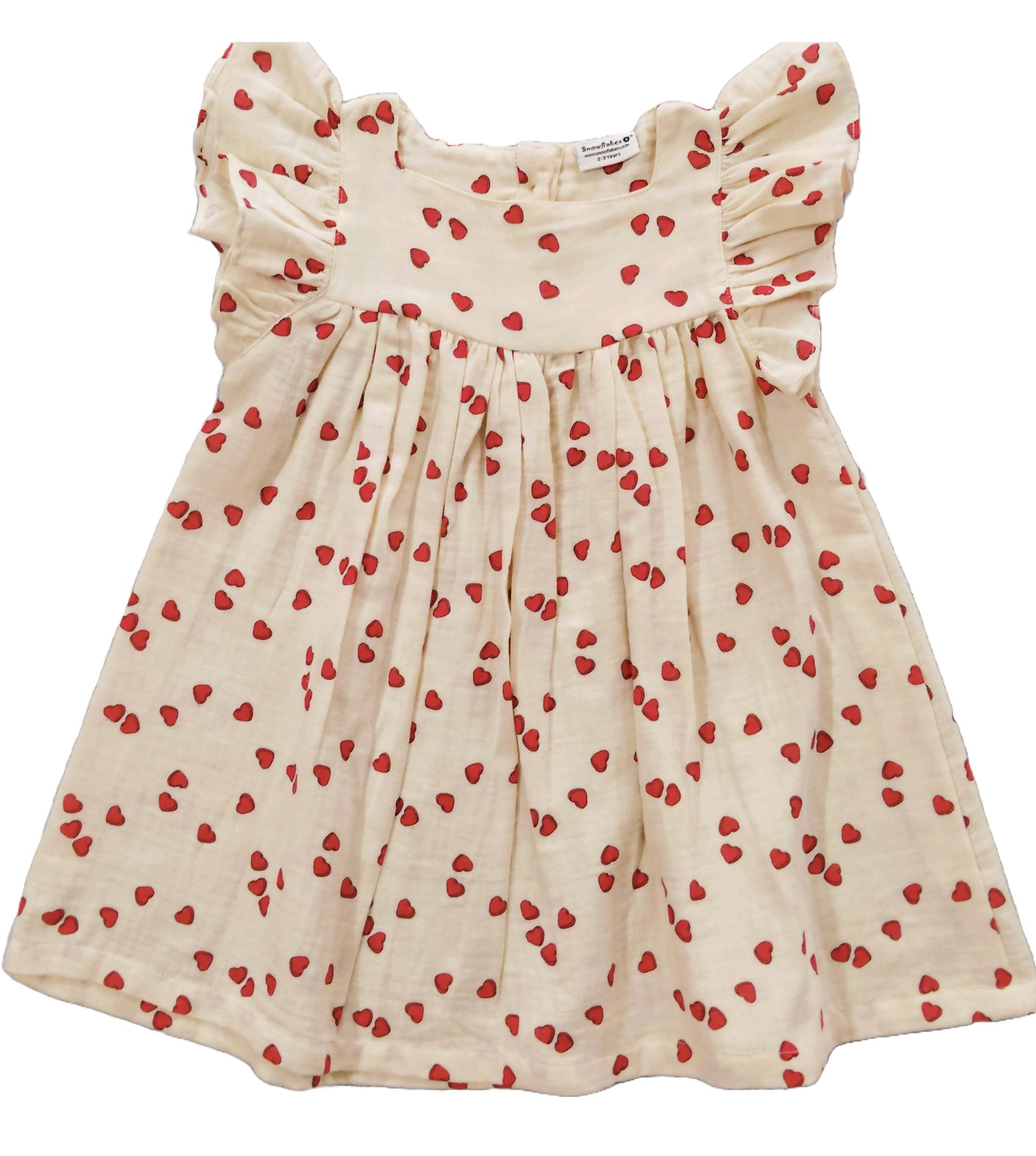Snowflakes Girls Tying Style Frock With Heart Prints- White