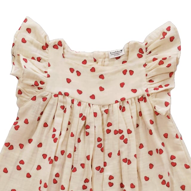 Snowflakes Girls Tying Style Frock With Heart Prints- White