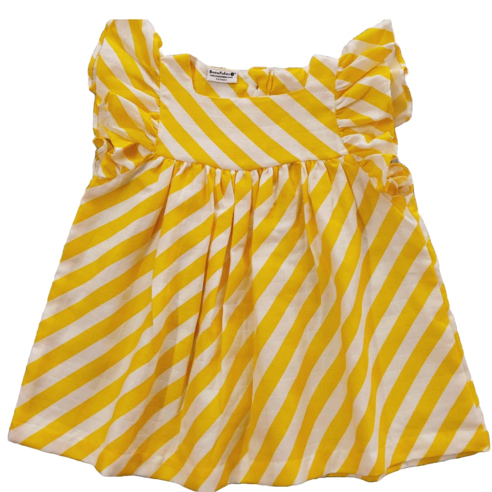 Snowflakes Girls Tying Style Frock With White Stripe Prints-Lemon Yellow