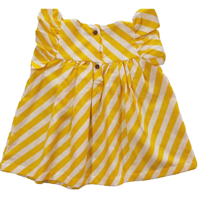 Snowflakes Girls Tying Style Frock With White Stripe Prints-Lemon Yellow