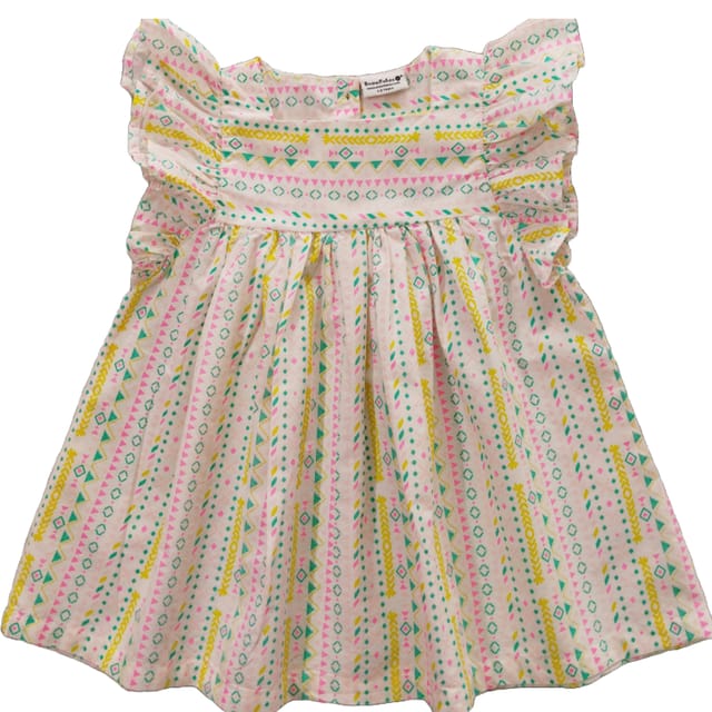 Snowflakes Girls Tying Style Frock With Multi Colour Geometrical Prints- White
