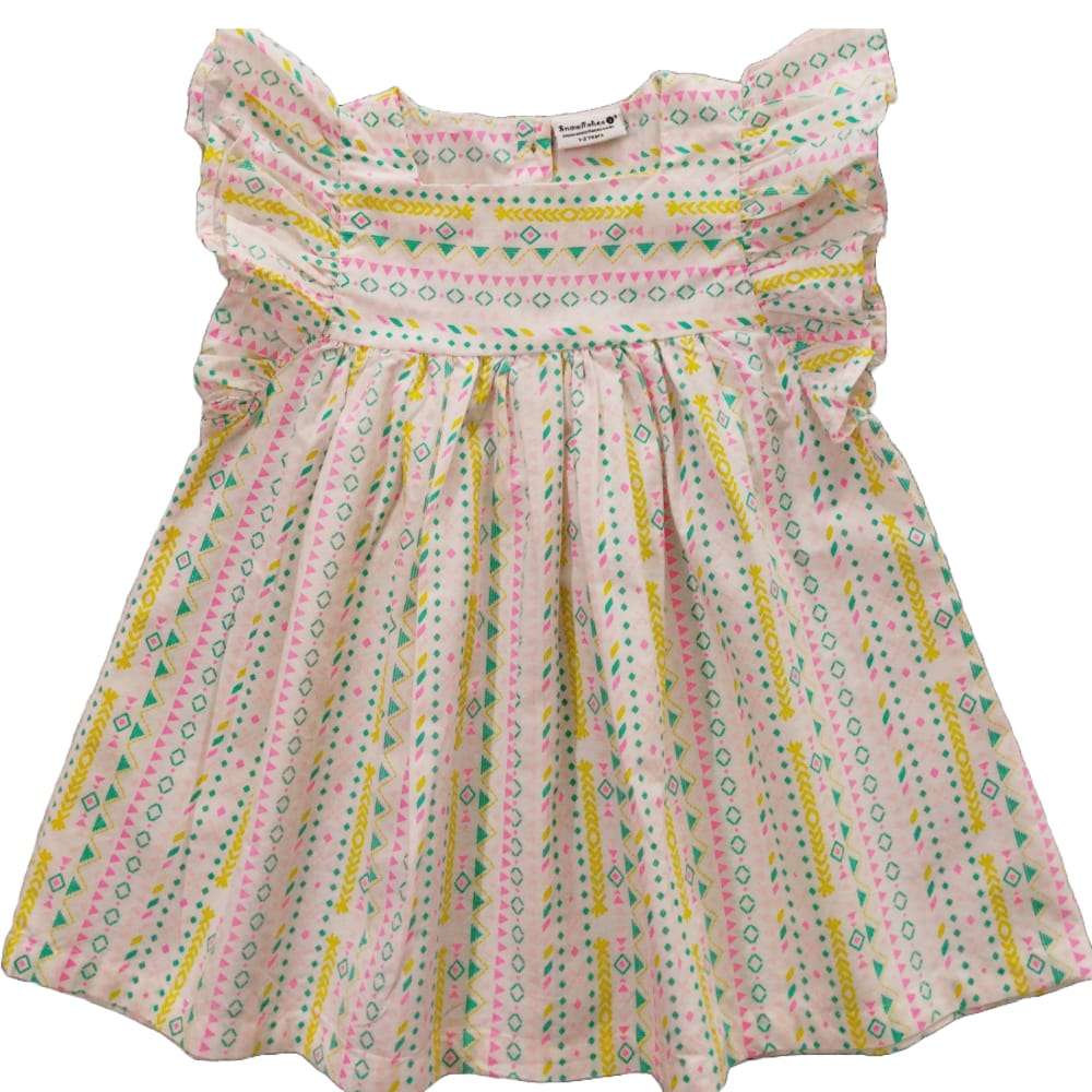 Snowflakes Girls Tying Style Frock With Multi Colour Geometrical Prints- White