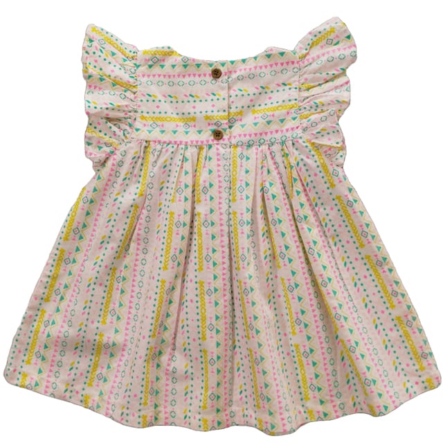 Snowflakes Girls Tying Style Frock With Multi Colour Geometrical Prints- White