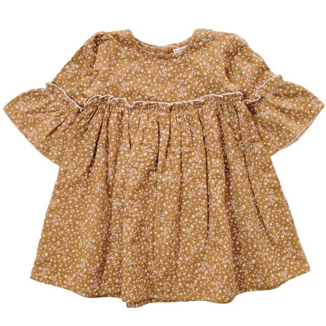 Snowflakes Cotton Bell Sleeved Dress With Flower Prints - Brown