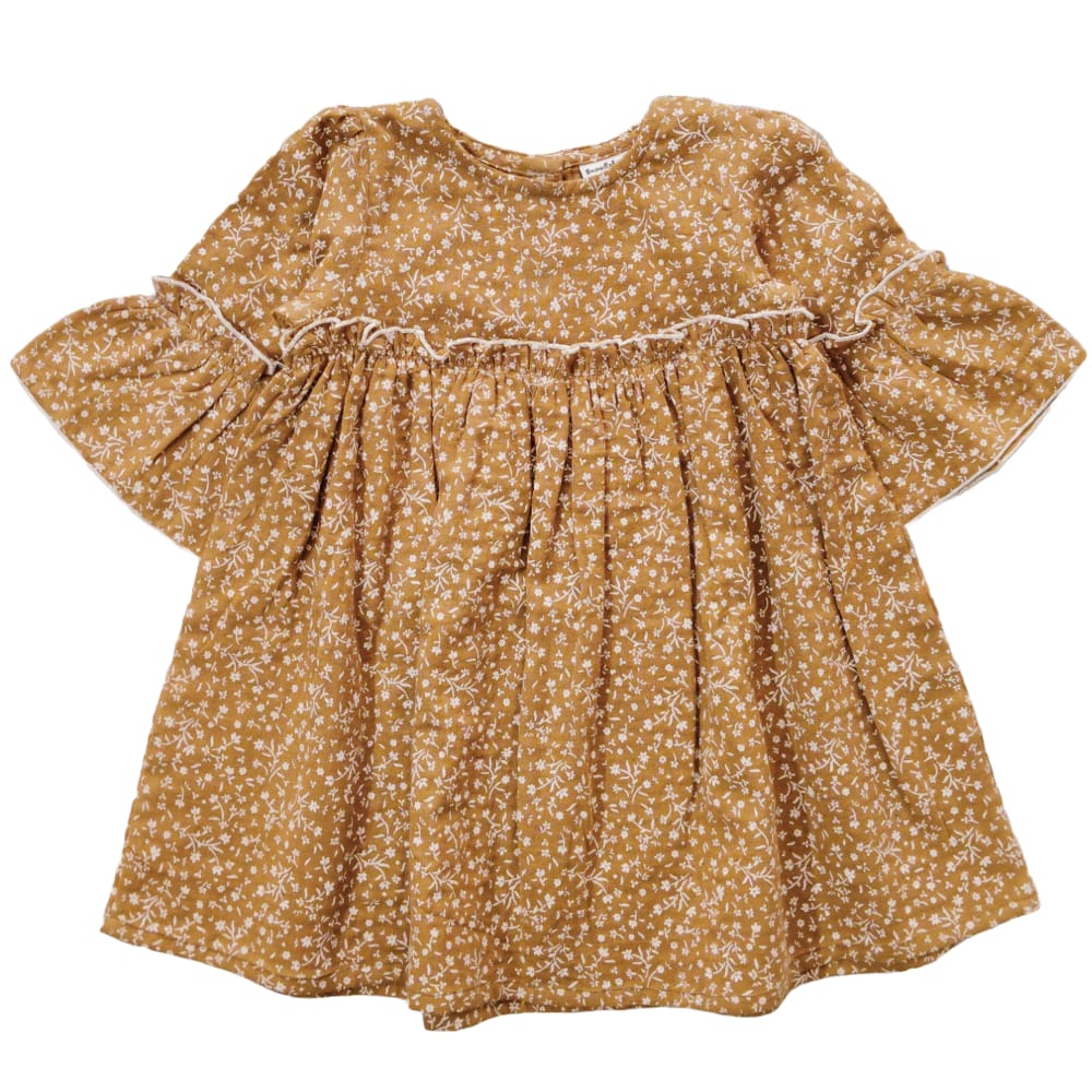 Snowflakes Cotton Bell Sleeved Dress With Flower Prints - Brown