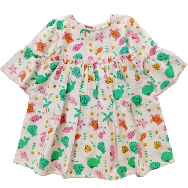 Snowflakes Cotton Bell Sleeved Dress With Fish Prints - White