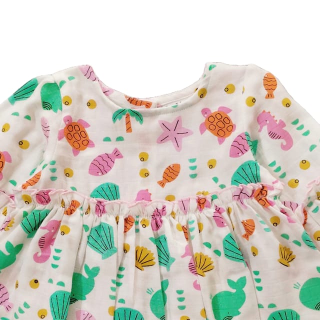 Snowflakes Cotton Bell Sleeved Dress With Fish Prints - White