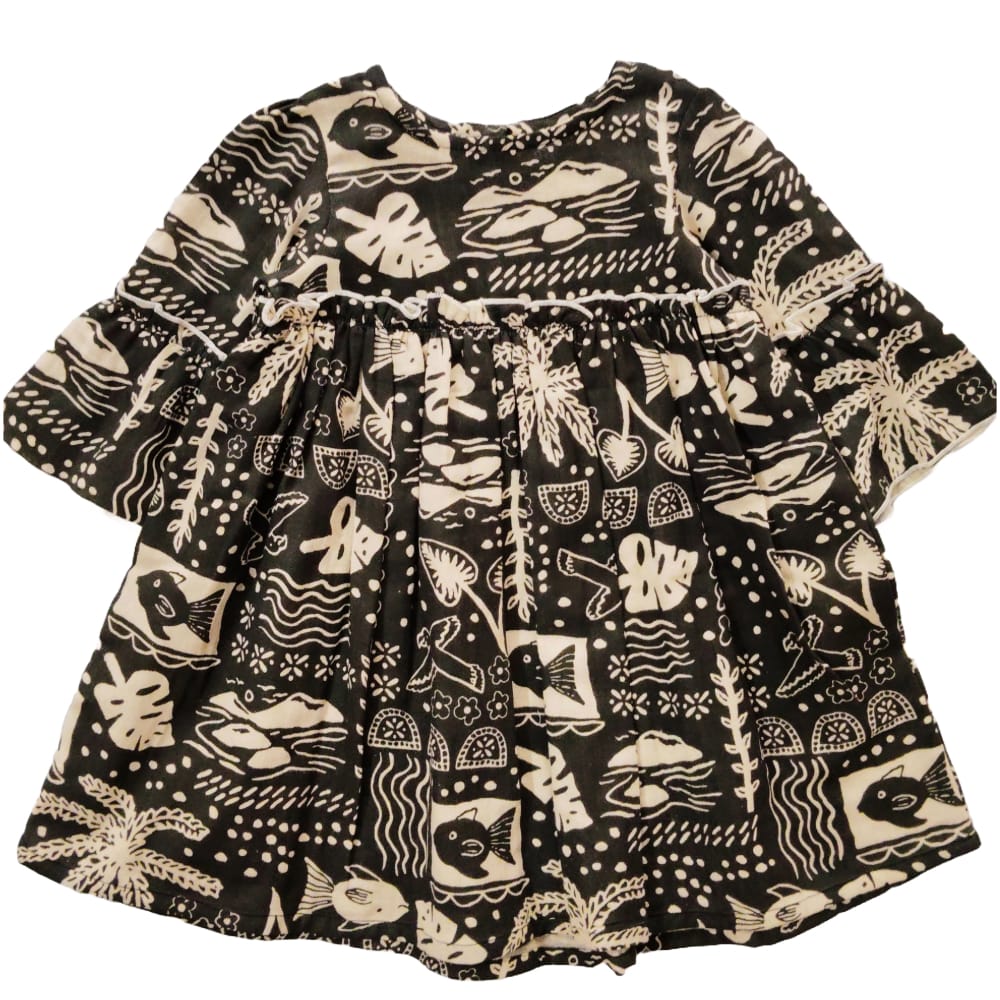 Snowflakes Cotton Bell Sleeved Dress With Fish Prints - Black